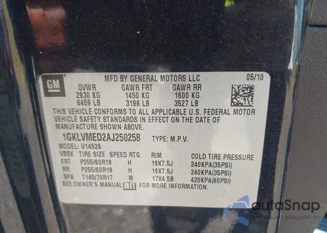 2010 GMC Acadia Slt-1 from USA, damaged, VIN 1GKLVMED2AJ250258